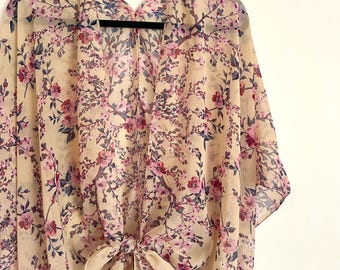 Floral Bohemian Kimono: Beige & Pink Sheer Beach Cover-Up