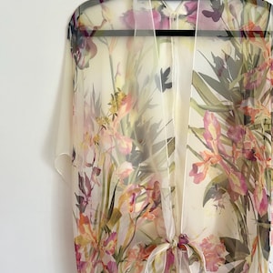 Bohemian Kimono,  Ultra Sheer Cream and Pink Floral Kimono Bathing Suit Cover Up, Bridal Shawl, Boho Beach Duster, Sheer Festival Wrap