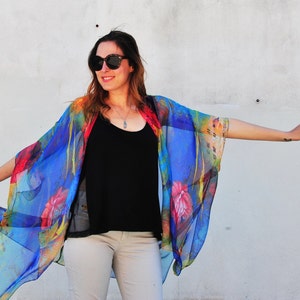 Sheer Kimono, Blue Pink and Gold Floral Kimono, Bathing Suit Cover Up, Boho Sheer Beach Duster, Festival Poncho, Wedding Wrap image 5