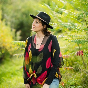 Bohemian Kimono,  Red and Gold Leaf Kimono, Bathing Suit Cover Up, Bridal Shawl, Boho Beach Duster, Sheer Festival Wrap