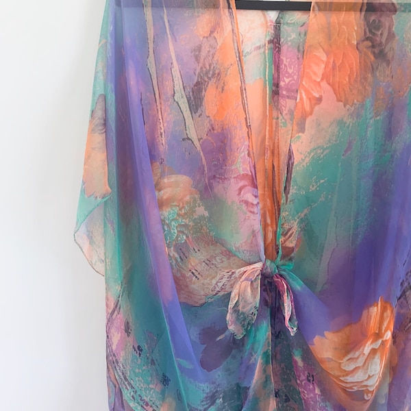 Bohemian Kimono, Purple and Orange Abstract Floral Kimono, Bathing Suit Cover Up, Bridal Shawl, Bohoo Beach Duster, Sheer Wrap, Maternity