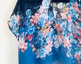 Blue Floral Cropped Kimono: Sheer Bohemian Beach Cover-Up