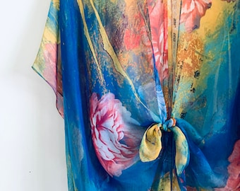 Bohemian Kimono, Blue and a yellow Abstract Floral Kimono, Bathing Suit Cover Up, Bridal Sheer Shawl, Boho Beach Duster