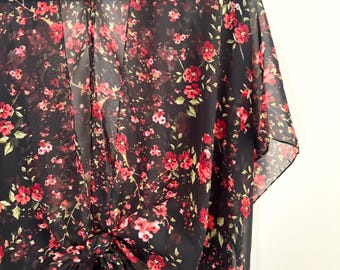 Sheer Floral Kimono: Red & Black Hippie Boho Cover Up