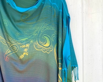 Draped Shawl - Reversible Aqua Vibrant Rainbow Paisley Pashmina Poncho Shawl Scarf Cover Up Boho