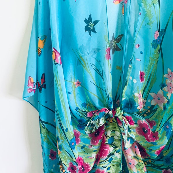Bohemian Kimono, Turquoise Blue Floral Kimono, Bathing Suit Cover Up, Bridal Shawl, Boho Beach Duster, Sheer Festival Poncho, Maternity Top