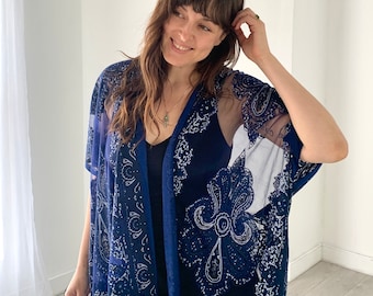 Boho Kimono: Dark Blue Burnout Fortune Teller Paisley Burnout Fringe Kimono Cover Up Bohemian Floral