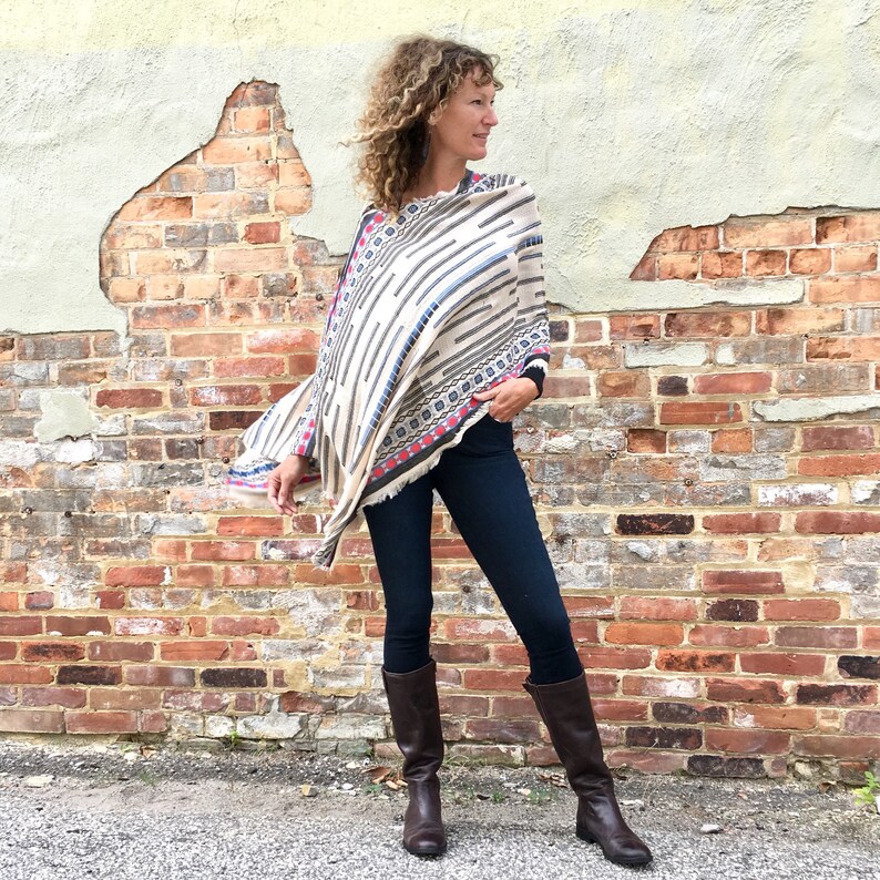 Cream and Red Cotton Scandinavian Fair Isle Print Poncho Shawl Scarf Draped Shawl