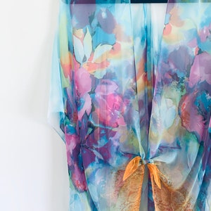 Bohemian Kimono, Turquoise Blue and Purple  Floral Kimono, Bathing Suit Cover Up, Bridal Shawl, Sheer Festival Wrap, Boho Beach Duster,