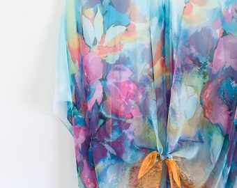 Kimono Boho, Kimono floral bleu turquoise et violet, Housse de maillot de bain, Châle de mariée, Wrap de festival transparent, Boho Beach Duster,