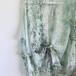 Bohemian Kimono, Soft Mint Green Branch Kimono Bathing Suit Cover Up, Bridal Shawl, Boho Beach Duster, Sheer Festival Wrap