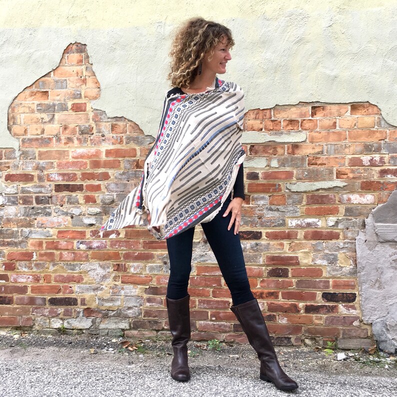 Cream and Red Cotton Scandinavian Fair Isle Print Poncho Shawl Scarf Draped Shawl