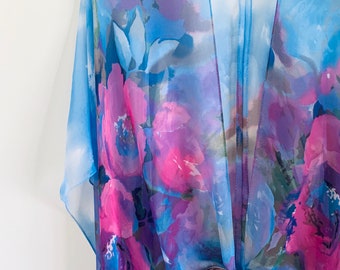 Bohemian Kimono: Pink and Blue Floral Kimono Bathing Suit Cover Up Bridal Shawl Wrap Boho Beach Sheer