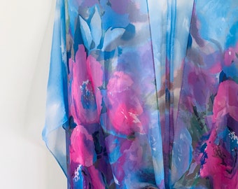 Floral Kimono: Pink & Blue Boho Beach Cover-Up