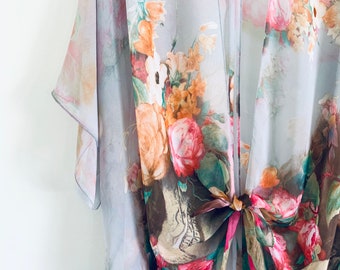 Bohemian Kimono, Grey and Pink Floral Kimono,Bathing Suit Cover Up, Bridal Shawl, Boho Beach Duster, Sheer Festival Wrap