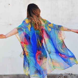 Sheer Kimono, Blue Pink and Gold Floral Kimono, Bathing Suit Cover Up, Boho Sheer Beach Duster, Festival Poncho, Wedding Wrap image 4