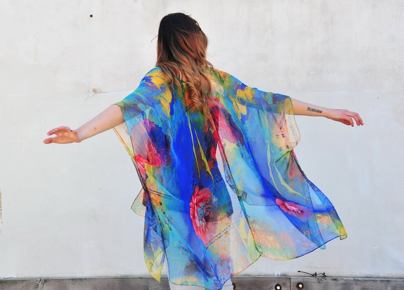 Sheer Kimono, Blue Pink and Gold Floral Kimono, Bathing Suit Cover Up, Boho Sheer Beach Duster, Festival Poncho, Wedding Wrap image 4