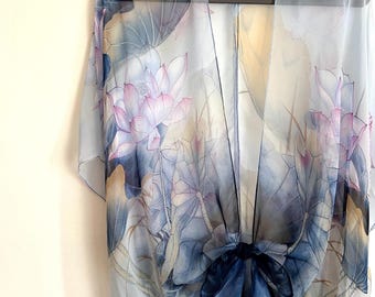 Lotus Floral Kimono: Blue Pink Boho Beach Cover-Up