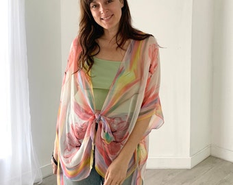 Bohemian Kimono, Yellow and Pink Large Floral Kimono Bathing Suit Cover Up, Bridal Shawl, Boho Beach Duster, Ultra Sheer Festival Wrap