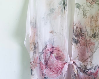 Bohemian Kimono, Soft Pink Rose Floral Kimono Bathing Suit Cover Up, Bridal Shawl, Boho Beach Duster, Sheer Festival Wrap