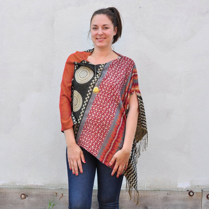 Draped Shawl Blue Multicolour Geometric Tribal Print Reversible Pashmina Poncho Shawl Scarf