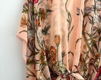 Floral Kimono, Peach Bohemian Duster - Silky Polyester