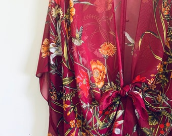 Burgundy Floral Kimono: Bohemian Sheer Beach Cover-Up