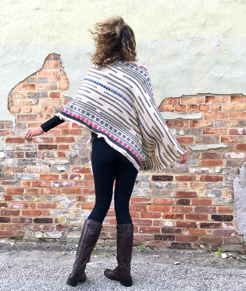 Cream and Red Cotton Scandinavian Fair Isle Print Poncho Shawl Scarf Draped Shawl