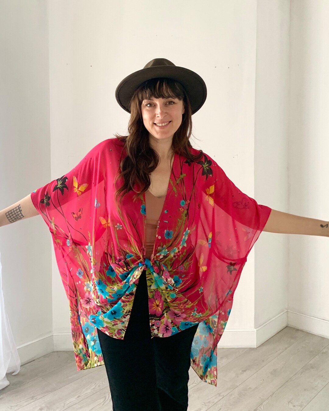 BUTTERFLY CROP TOP KIMONO PANTSUIT MULTI PRINT 3PC. SET main image 1
