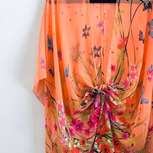 Bohemian Kimono, Coral Multi Floral Kimono, Bathing Suit Cover Up, Bridal Shawl, Boho Beach Duster, Sheer Festival Wrap