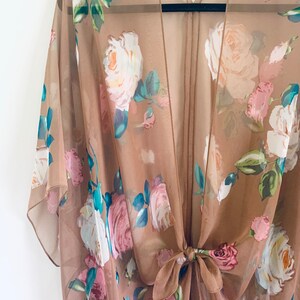 Floral Bohemian Kimono: Sheer Tan Pink Duster Wrap