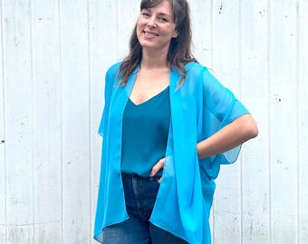 Bohemian Kimono, Turquoise chiffon , Bathing Suit Cover Up, Bridal Sheer Shawl, Boho Beach Duster