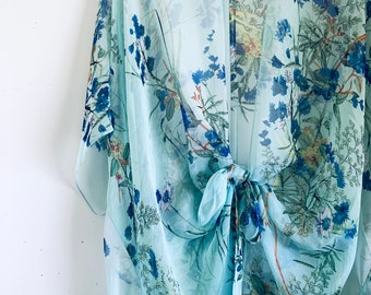 Bohemian Kimono, Mint Green and Blue Floral Kimono Bathing Suit Cover Up, Bridal Shawl, Boho Beach Duster, Sheer Festival Wrap