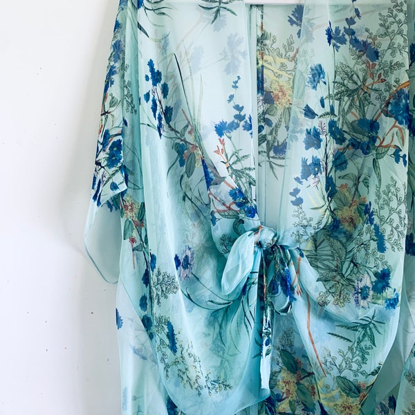 Bohemian Kimono, Mint Green and Blue Floral Kimono Bathing Suit Cover Up, Bridal Shawl, Boho Beach Duster, Sheer Festival Wrap