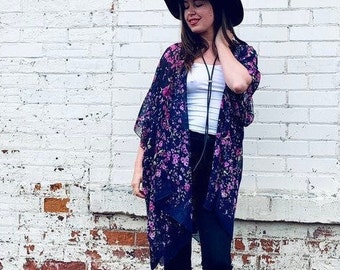 Sheer Kimono, Navy Small Floral Print Duster, Bathing Suit Cover Up, Sheer Bridal Shawl, Bohemian Beach Wrap, Boho Maternity Jacket