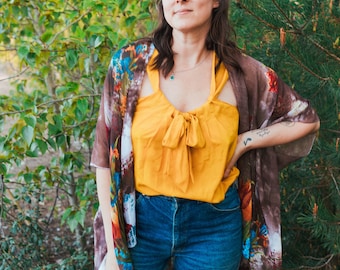 Bohemian Kimono: Chocolate Brown Floral Duster - Sheer Beach Cover-Up