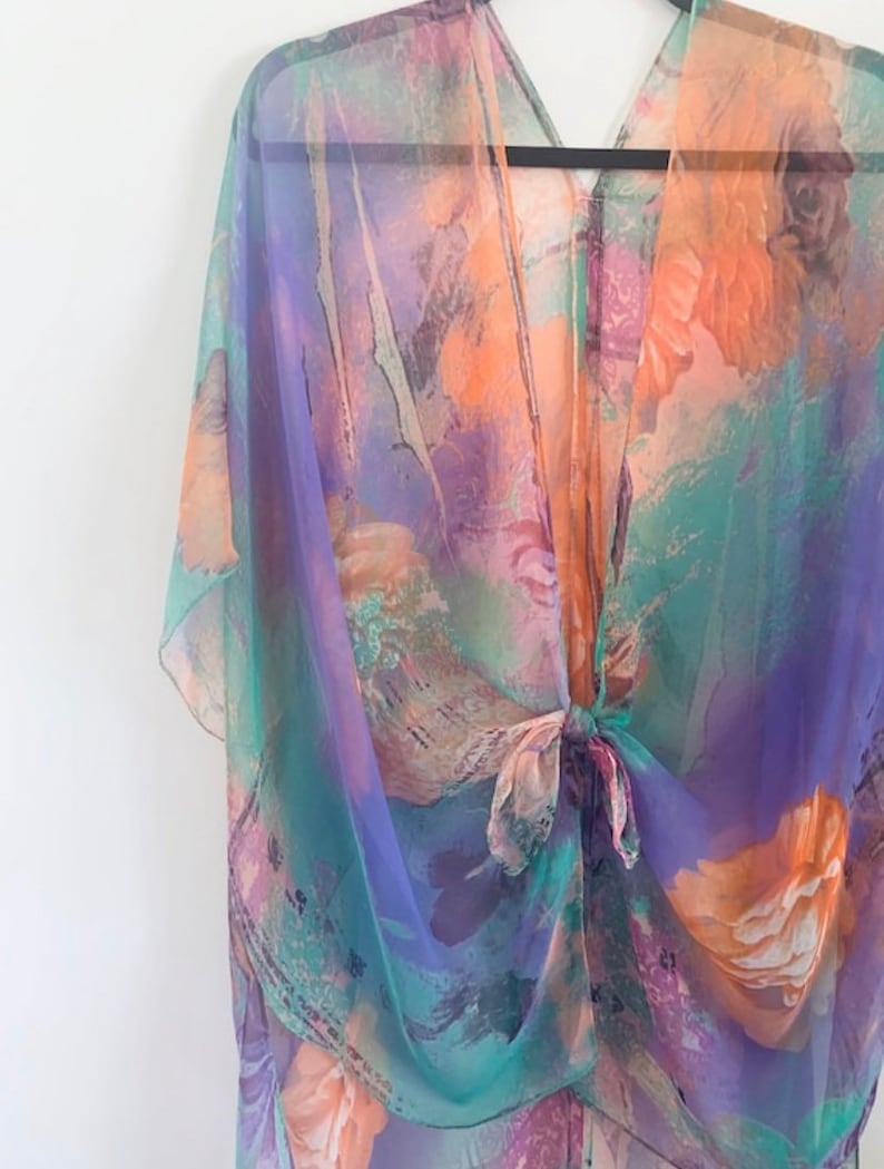 Bohemian Kimono, Brown Abstract Kimono, Bathing Suit Cover Up, Bridal Shawl, Boho Wrap, Sheer Beach Duster Purple