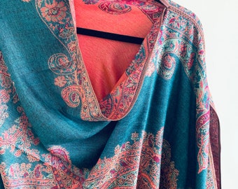 Bohemian Paisley Pashmina Shawl: Turquoise & Pink Reversible Poncho