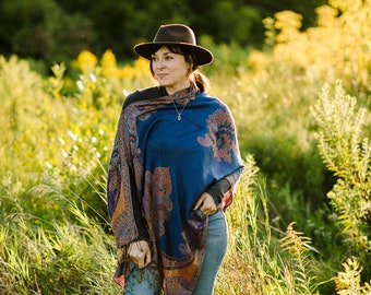 Bohemian Draped Shawl - Reversible Blue and Rust Paisley Pashmina Poncho Shawl Scarf Cover Up