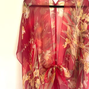 Bohemian Kimono, Red and Brown Kimono Bathing Suit Cover Up, Bridal Shawl, Boho Beach Duster, Sheer Festival Wrap
