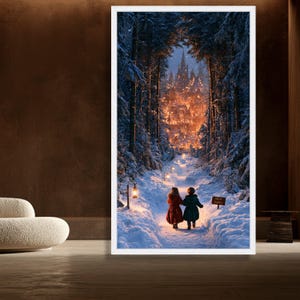以下が含まれることがあります： 雪に覆われた森の小道を、手をつないで遠くの光り輝く城に向かって歩く二人の子供を描いた、額装された縦型のウォールアートプリント。小道にある小さな看板には「Oliver and Sophia」と書かれています。