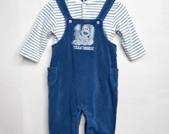 Vintage Sesame Street Cookie Monster Fleece Overalls & Striped Shirt Set 6-9M