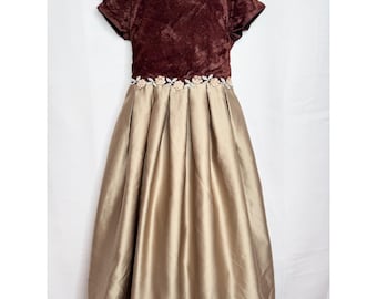 Vintage 90's Velvet Satin Flower Girl Formal Party Dress Brown Formal Girls 6X