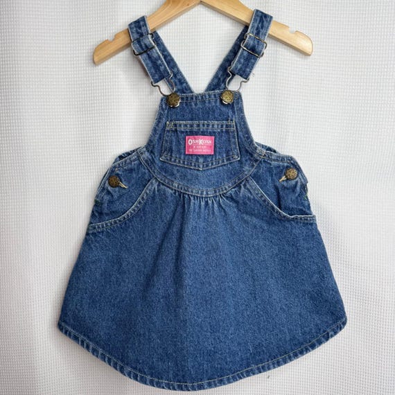 OshKosh B'gosh, Vintage Oshkosh Bgosh Denim Jumper Dress Pink Label Made in USA Blue 2T