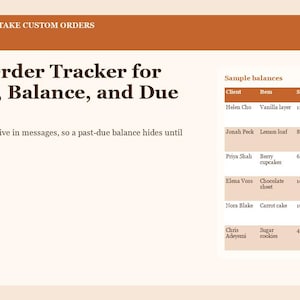 Pode incluir: Um modelo digital de rastreamento de pedidos de padaria com um cabeçalho cor de ferrugem. O texto diz: Home Bakers Who Take Custom Orders, Bakery Order Tracker for Deposits, Balance, and Due Dates, e uma tabela intitulada Sample balances.