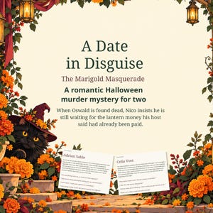 Peut inclure: Un jeu intitulé A Date in Disguise : The Marigold Masquerade, un mystère de meurtre romantique d'Halloween pour deux. Le texte décrit Oswald trouvé mort et Nico attendant l'argent des lanternes. Un chat noir à chapeau de sorcière est parmi les soucis.