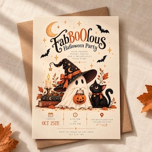 Könnte beinhalten: Eine cremefarbene Halloween-Partyeinladung mit einem Geist in einem Hexenhut, einer schwarzen Katze, einem Kürbiseimer, einer Kerze und Büchern. Der Text lautet: FabBOOlous Halloween Party, Oct 25th, 6:30 PM to 11:00 PM, 436 Moonlight Ave Spooky Hollow, RSVP to Sarah by Oct 18th.