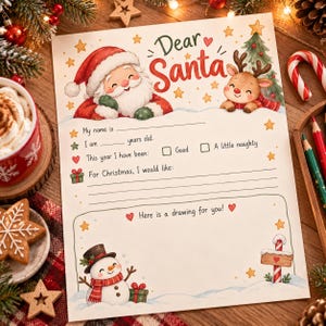 Watercolor Dear Santa Letter | Christmas Wish List for Kids | Printable Christmas Activity | Santa Letter Template | PDF JPG