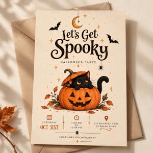 May include: A cream-colored Halloween party invitation card featuring the text Let's Get Spooky, a black cat peeking out of a carved jack-o'-lantern, bats, a crescent moon, and stars. Details include Saturday Oct 31st, 7:00 PM to 11:00 PM, 123 Haunted Lane, and Costumes Encouraged.