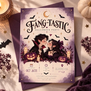 Könnte beinhalten: Eine rechteckige Halloween-Partyeinladung mit dem Titel FANG-TASTIC, die eine Illustration von zwei Vampiren, violetten Kürbissen und Kerzen zeigt. Der Text enthält Datum, Uhrzeit und Ortsangaben für den 26. Oktober.